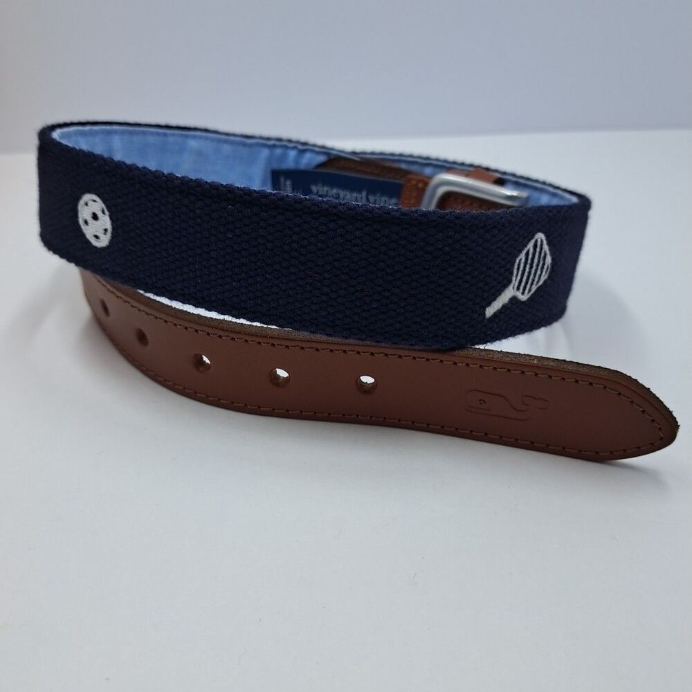 Vineyard Vines Pickleball Theme Belt Size 34 Italian Leather Linen
